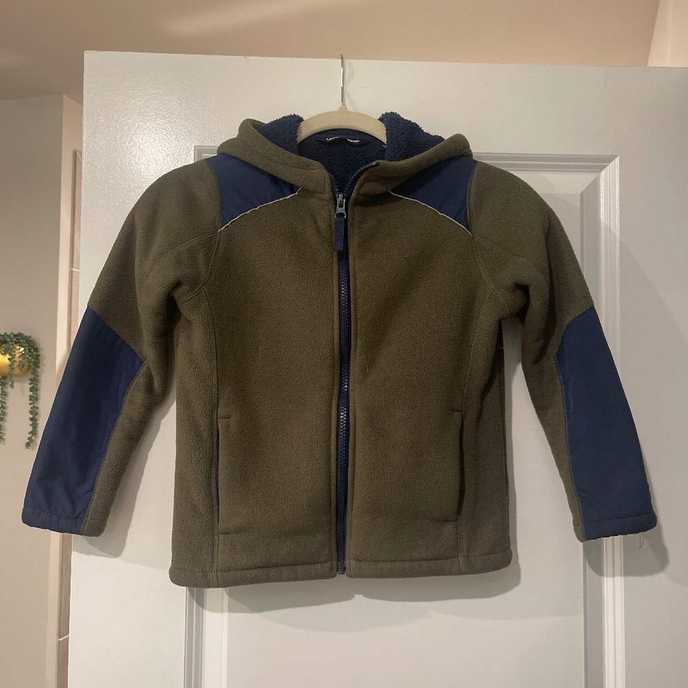 Boys Lands End Navy and Army Green Fleece Jacket w. Hood